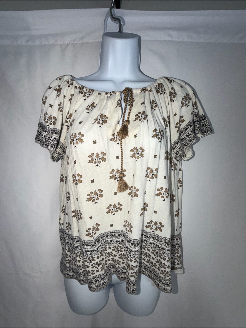 Lucky Brand Boho Cream Floral Peasant Top with Tassel Tie